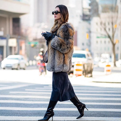 Women short cut oversized faux fur coat with voluminous shawl collar EVA-US