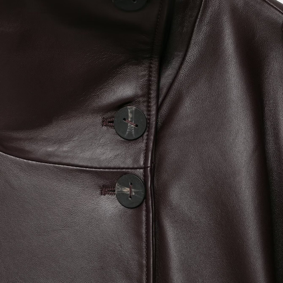 Women Short Leather Trench Coat Jacket with High Standing Collar, Double-Breasted Button Placket and Waist Belt EVA-US