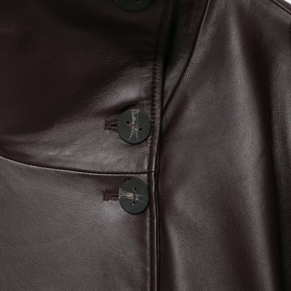 Women Short Leather Trench Coat Jacket with High Standing Collar, Double-Breasted Button Placket and Waist Belt EVA-US
