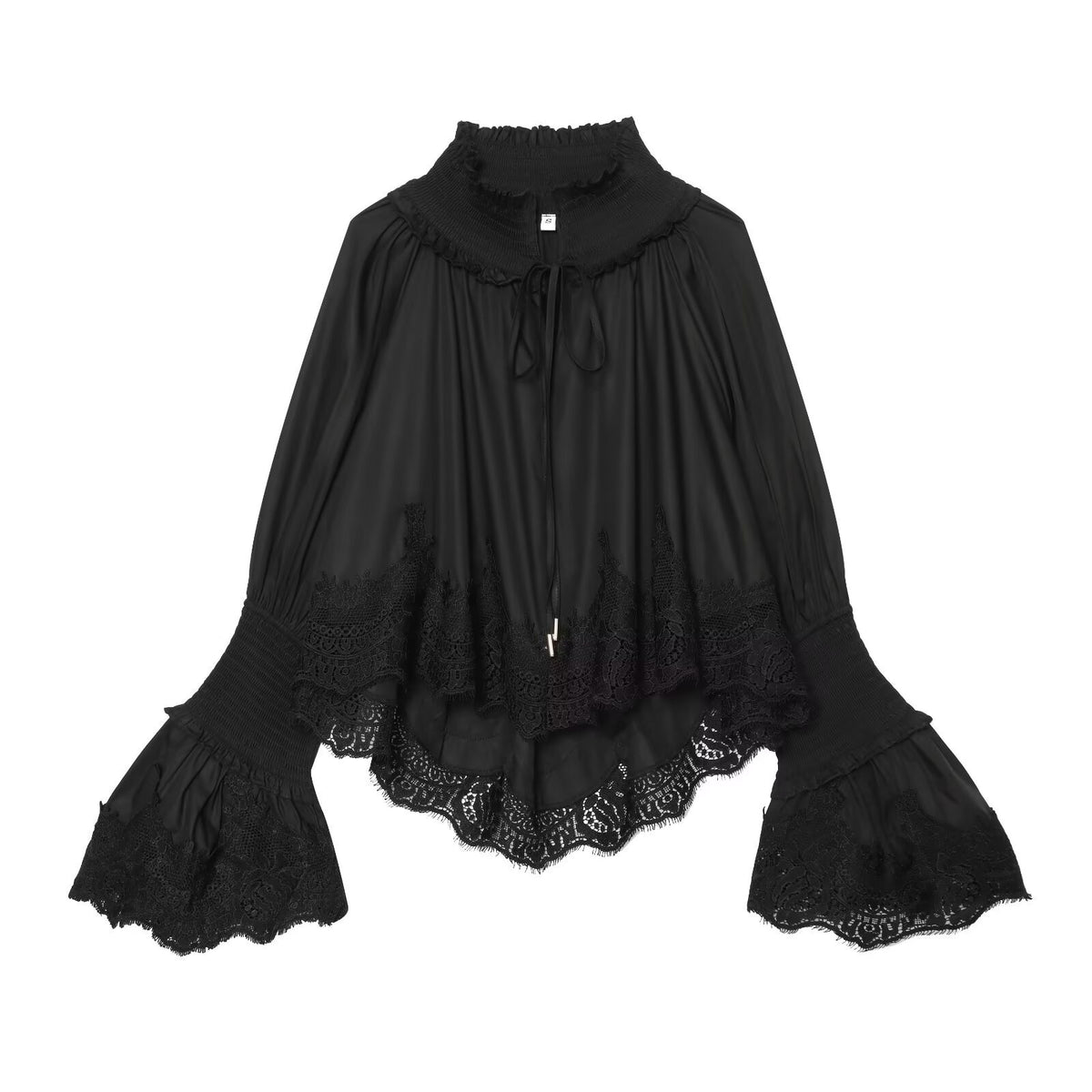 Ladies Romantic Blouse with Ruffle Collar, Bell Sleeves and Lace Trim EVA-US