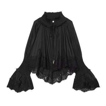 Ladies Romantic Blouse with Ruffle Collar, Bell Sleeves and Lace Trim EVA-US