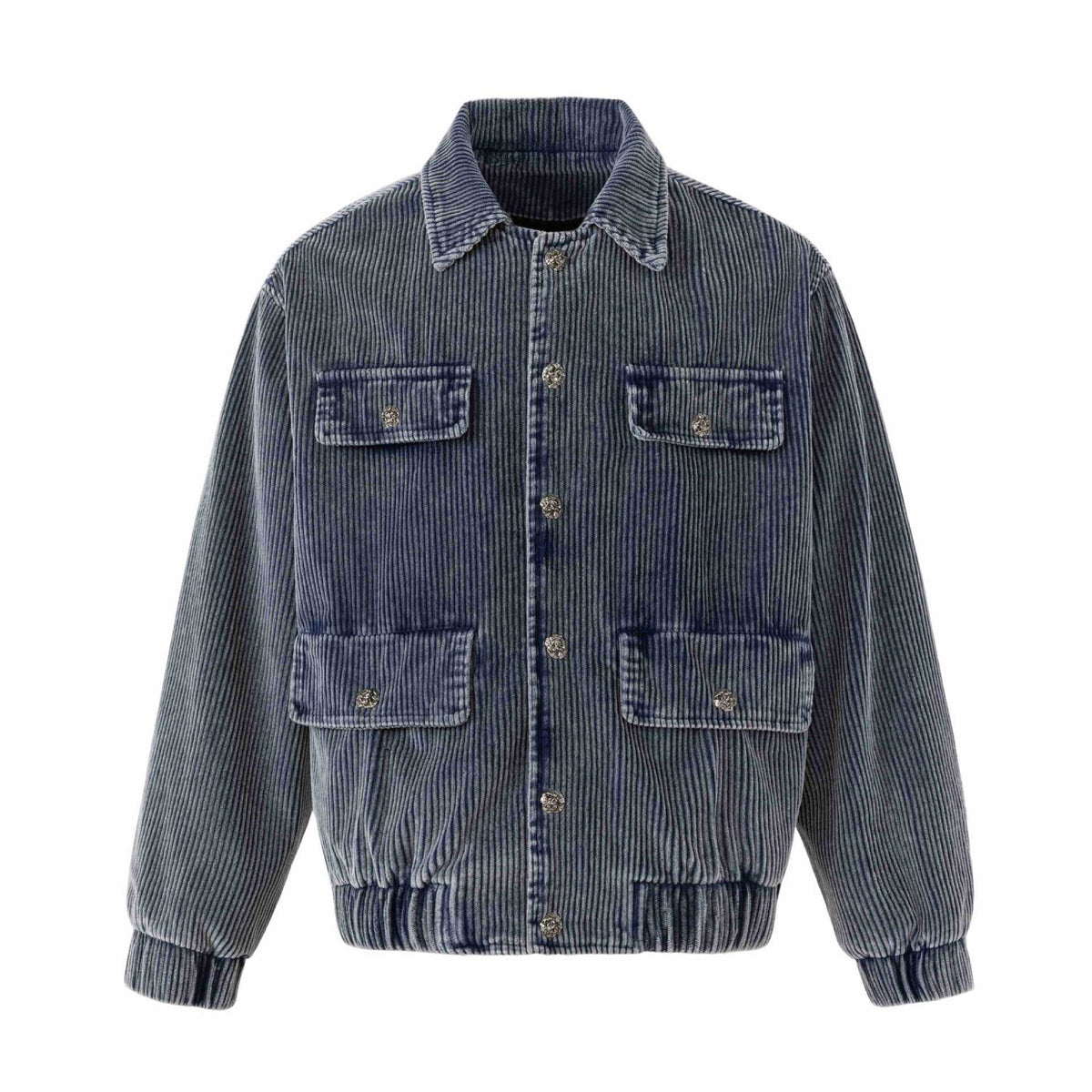 Unisex Short-cut Cord Workwear Jacket in Boxy Cut with Four Flap Pockets and Metal Buttons EVA-US