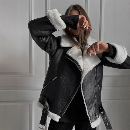 Women's Oversized Biker Jacket with Teddy Fur Lining and Adjustable Belts EVA-US