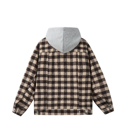 Women's short jacket in shacket style with checked wool look and integrated sweat hood EVA-US