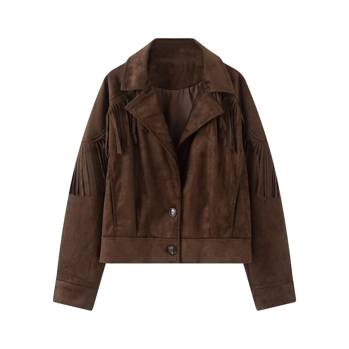 Women's short jacket in suede look with fringe trim and shirt collar EVA-US