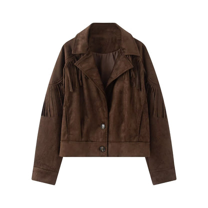 Women's short jacket in suede look with fringe trim and shirt collar EVA-US