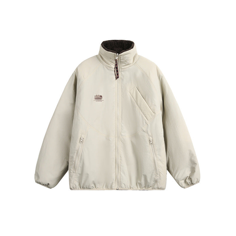 Unisex Oversize Teddy Fleece Jacket with Contrast Nylon Inserts and Stand-Up Collar EVA-US
