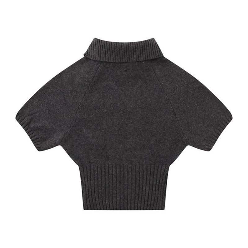 Women's Short-Sleeved Cable Knit Sweater Top with Stand Collar and Button Placket EVA-US
