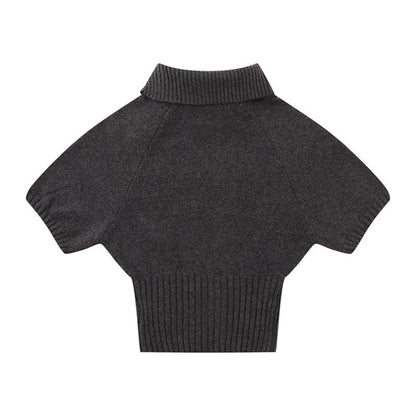 Women's Short-Sleeved Cable Knit Sweater Top with Stand Collar and Button Placket EVA-US