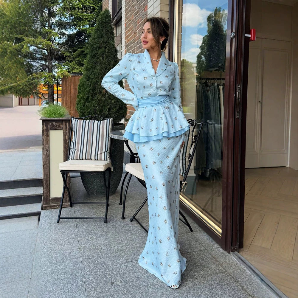 Women Two-Piece Wrap Set with Peplum Jacket and Figure-Hugging Maxi Skirt EVA-US