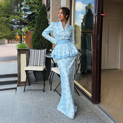 Women Two-Piece Wrap Set with Peplum Jacket and Figure-Hugging Maxi Skirt EVA-US