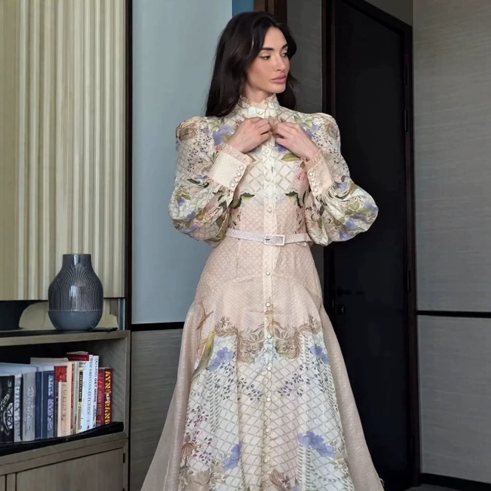 Women's maxi dress with floral print, continuous button placket and voluminous puff sleeves EVA-US