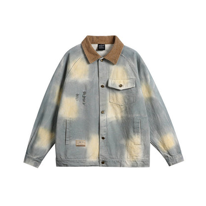 Men's Oversized Denim Jacket with Corduroy Collar and Tie-Dye Effect EVA-US
