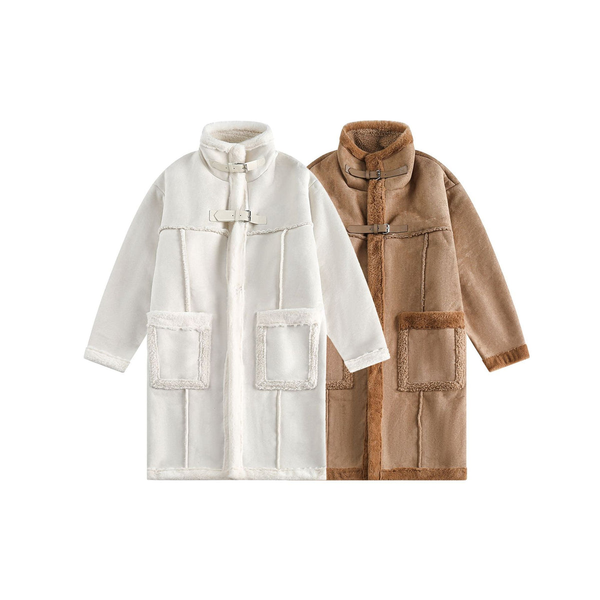 Women Long Oversize Sheepskin Imitation Coat with Stand-up Collar and Buckle Closure EVA-US