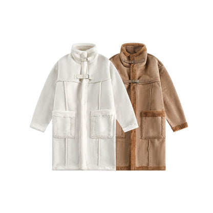 Women Long Oversize Sheepskin Imitation Coat with Stand-up Collar and Buckle Closure EVA-US