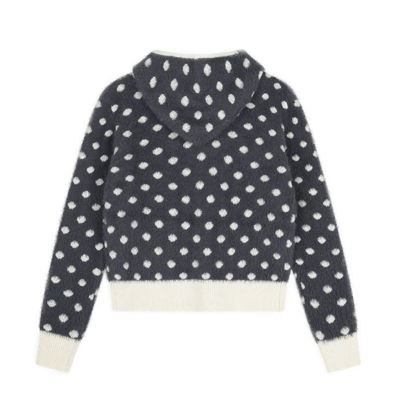 Women Fluffy Hooded Zip Jacket with Polka Dot Jacquard and Pockets EVA-US