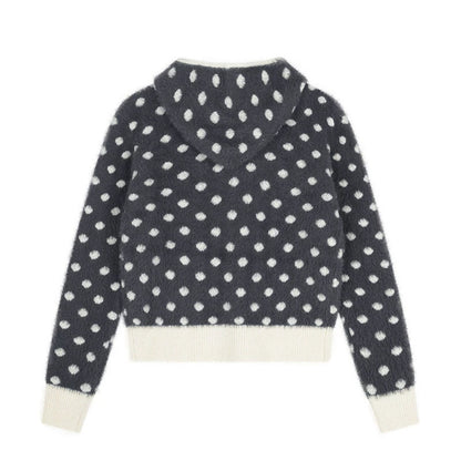 Women Fluffy Hooded Zip Jacket with Polka Dot Jacquard and Pockets EVA-US
