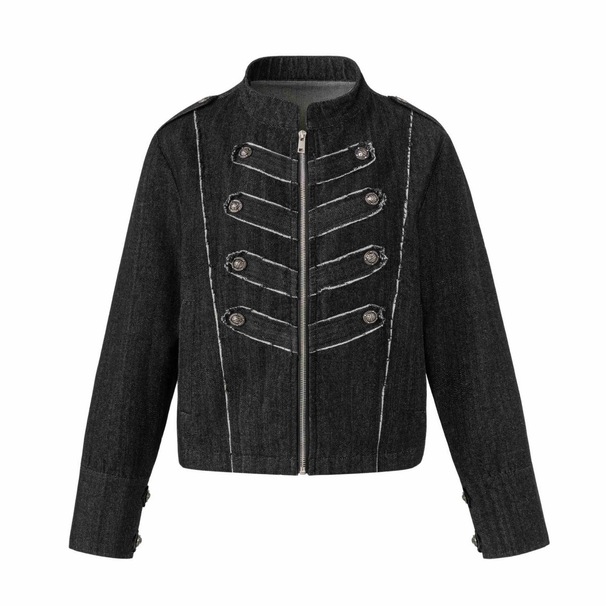 Women's denim blouson in military look with standing collar and decorative button placket EVA-US