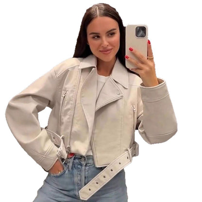 Women Short-Cut Biker Jacket Made of Faux Leather with Waist Belt EVA-US