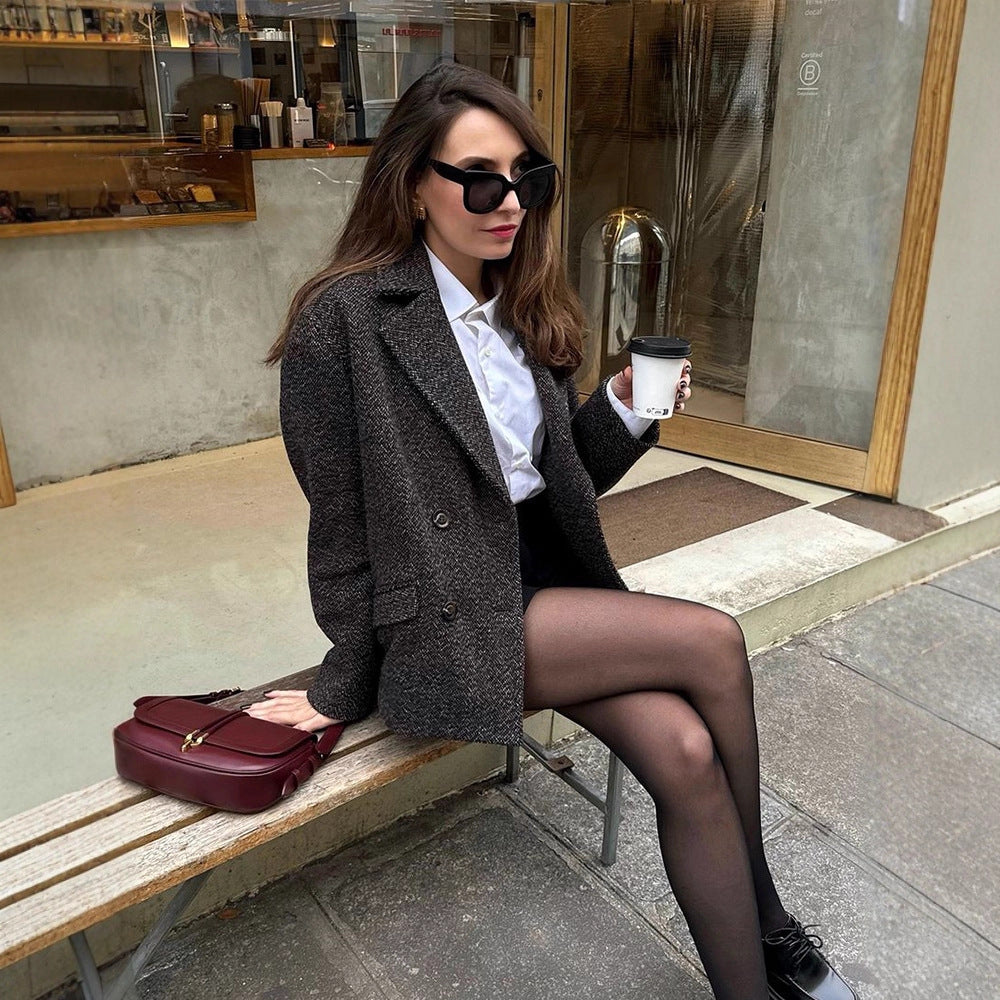 Women's Short Tailored Double-Breasted Blazer made of Boucle Tweed EVA-US