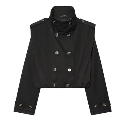 Women's Cropped Trench Coat in Cape Look with Double-Breasted Button Placket and High Stand Collar EVA-US