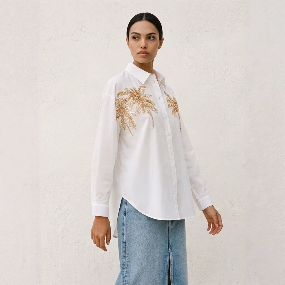 Women's shirt blouse with sequin palm applique, oversized cut & classic collar EVA-US