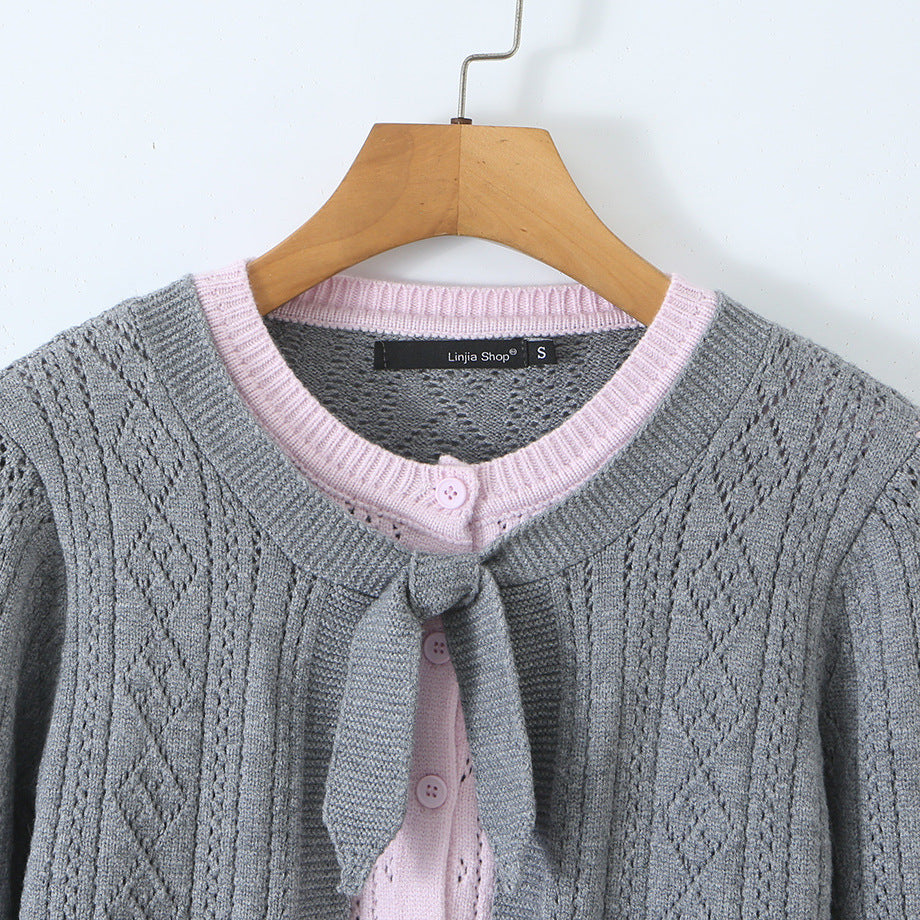 Women Fine Knit Two-Piece Cardigan with Bow Collar and Decorative Waistcoat EVA-US