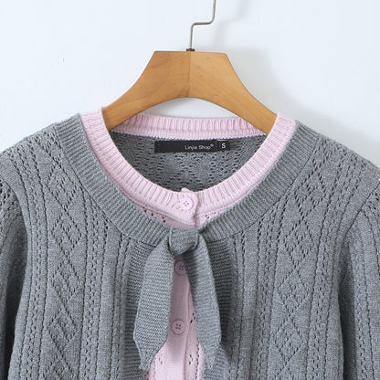 Women Fine Knit Two-Piece Cardigan with Bow Collar and Decorative Waistcoat EVA-US