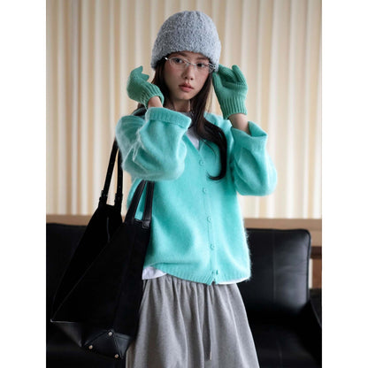 Women Soft Mohair Blend Hooded Button Cardigan with Relaxed Fit EVA-US