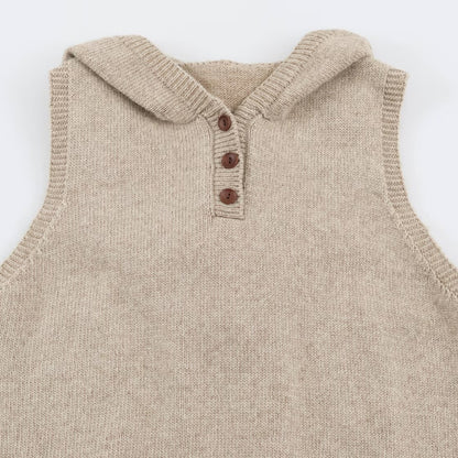 Women's fine knit vest with hood, button placket, and ribbed waistband EVA-US