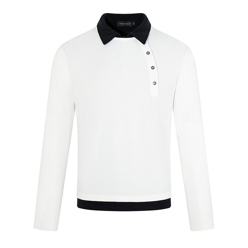 Men's long-sleeve polo shirt with asymmetrical button placket and contrasting collar EVA-US