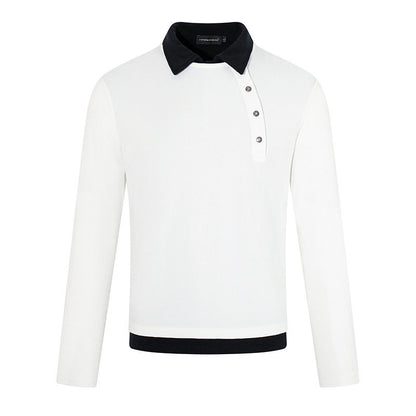 Men's long-sleeve polo shirt with asymmetrical button placket and contrasting collar EVA-US