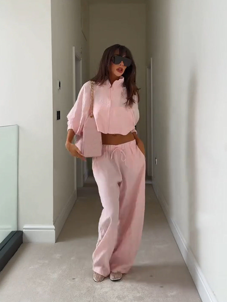 Women’s Casual Satin Tracksuit with Short Zipper Top & Wide Drawstring Pants EVA-US