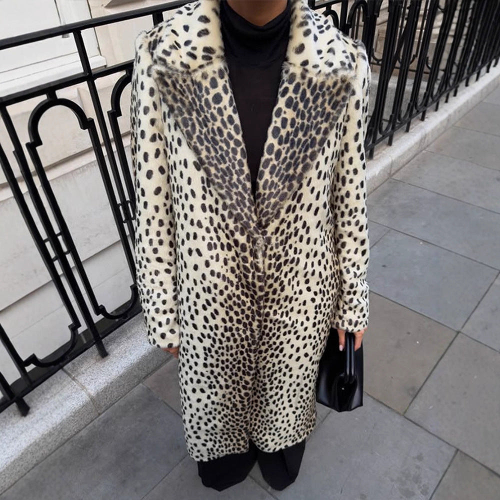 Women's Mid-Length Faux Fur Coat with Distinctive Spot Pattern and Notched Collar EVA-US