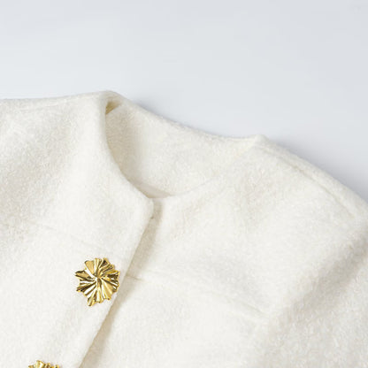 Women's Tailored Boucle Short Jacket with Round Neckline and Gold Decorative Buttons EVA-US