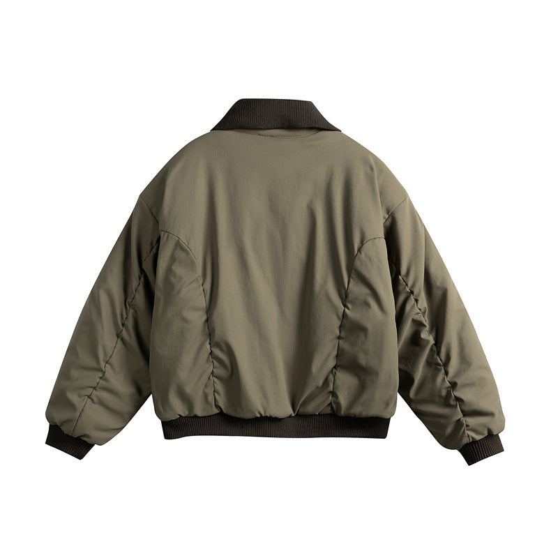 Men's Short Boxy Insulated Field Bomber Jacket with Contrasting Knit Collar and Diagonal Zip Pockets EVA-US