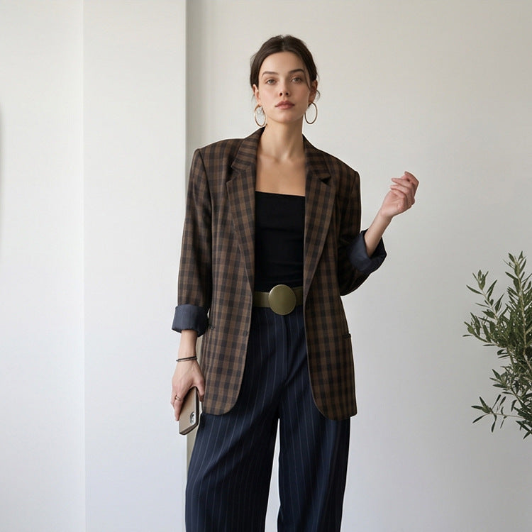 Women's Oversize Check Blazer with Boxy Silhouette and Dropped Shoulders EVA-US