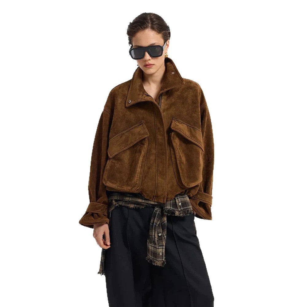 Women's Oversize Suede Blouson with Large Flap Pockets and Stand-Up Collar EVA-US