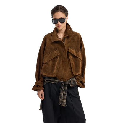 Women's Oversize Suede Blouson with Large Flap Pockets and Stand-Up Collar EVA-US