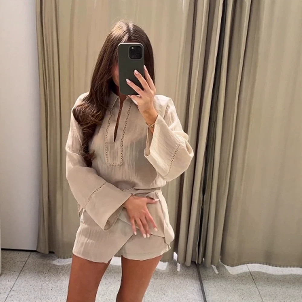 Ladies Lightweight Crinkle Two-Piece with Oversized Shirt and Wrap Mini Skirt EVA-US