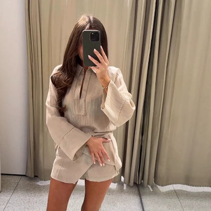 Ladies Lightweight Crinkle Two-Piece with Oversized Shirt and Wrap Mini Skirt EVA-US