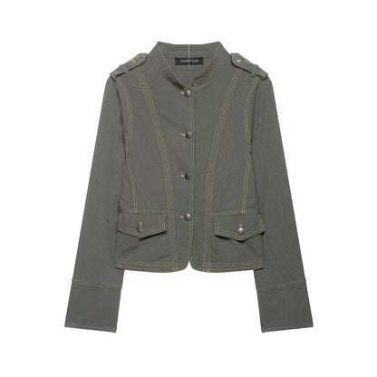 Women's short jacket in military style with stand-up collar and epaulettes EVA-US