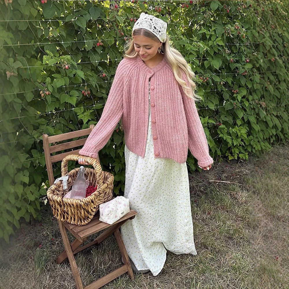 Women Chunky Knit Mohair Look Short Jacket with Raglan Sleeves & Decorative Button Placket EVA-US
