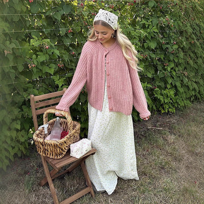 Women Chunky Knit Mohair Look Short Jacket with Raglan Sleeves & Decorative Button Placket EVA-US
