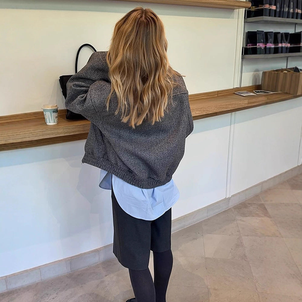 Ladies short jacket in herringbone wool blend with zip and elastic hem EVA-US