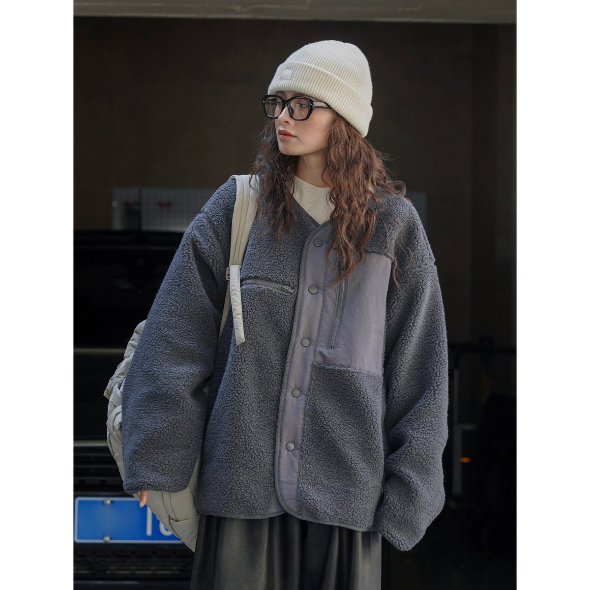 Women's Padded Teddy Fleece Jacket with Contrasting Front Panel and Patch Pockets EVA-US