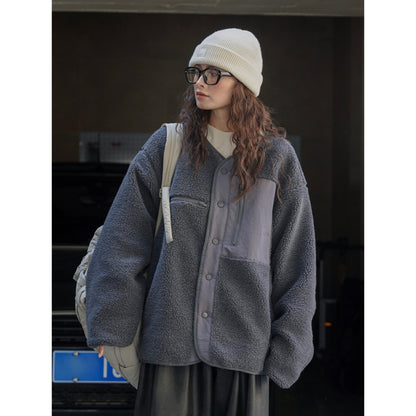 Women's Padded Teddy Fleece Jacket with Contrasting Front Panel and Patch Pockets EVA-US