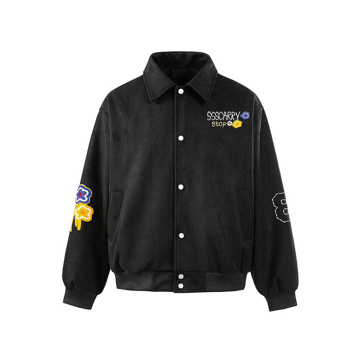 Unisex Boxy Blouson Jacket with Embroidered Floral Patches and Elastic Hem EVA-US
