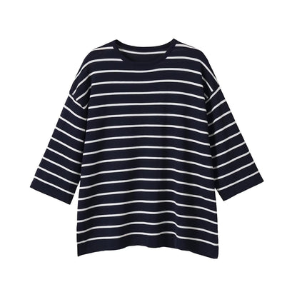 Women Oversize Maritime Striped Blouse with Three-Quarter Sleeves EVA-US