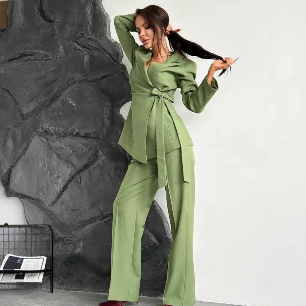 Women's Tailored Blazer Coat with Tie Belt and Wide Trousers EVA-US